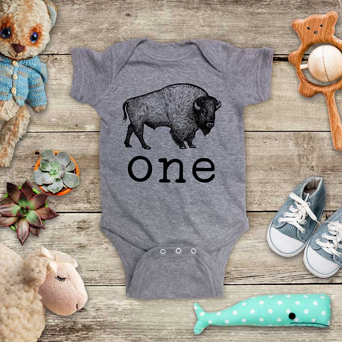 one Bison Buffalo zoo trip First Birthday Boy Girl Baby Onesie Bodysuit Toddler Soft Fine Jersey Shirt