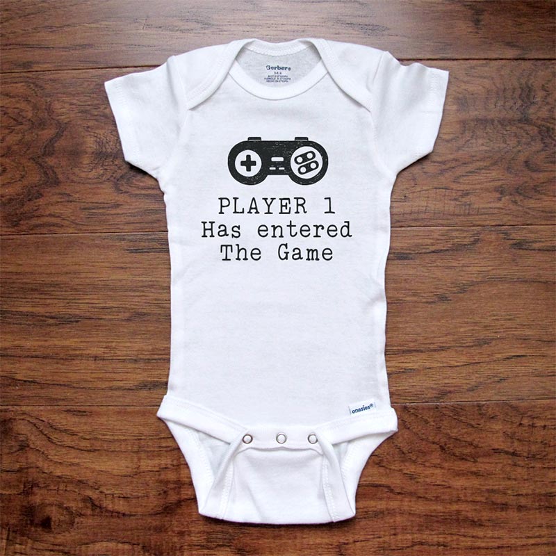 Player 1 Has entered The Game - video game parody - funny baby onesie bodysuit surprise birth pregnancy reveal announcement husband grandparents