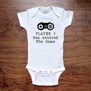 Player 3 Has entered The Game - video game parody - funny baby onesie bodysuit surprise birth pregnancy reveal announcement husband grandparents