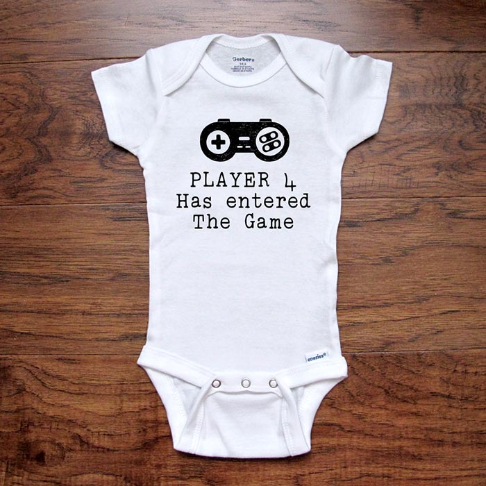 Player 4 Has entered The Game - video game parody - funny baby onesie bodysuit surprise birth pregnancy reveal announcement husband grandparents