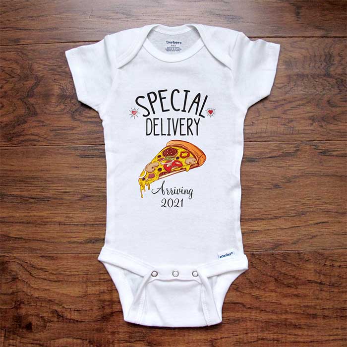 Special Delivery Pizza Arriving 2024 Soon - funny baby onesie bodysuit birth pregnancy reveal announcement for husband parents grandparents