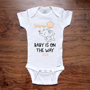 Surprise! Baby is on the Way 2023 Soon elephant bird balloon onesie bodysuit birth pregnancy reveal announcement grandparents or daddy