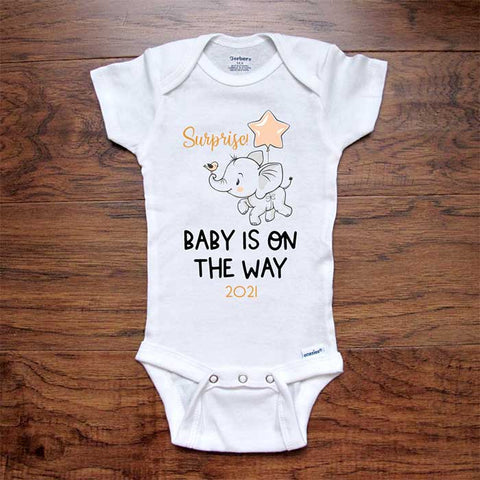Surprise! Baby is on the Way 2026 Soon elephant bird balloon onesie bodysuit birth pregnancy reveal announcement grandparents or daddy
