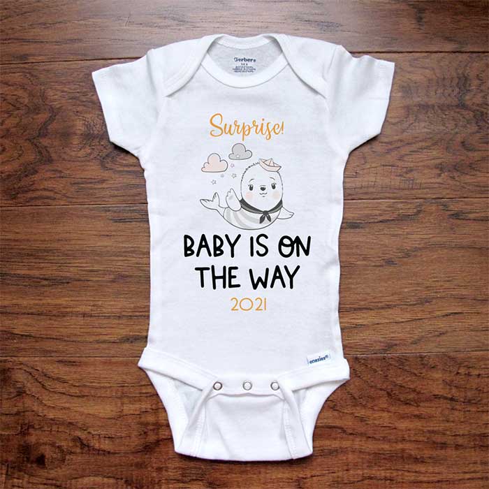 Surprise! Baby is on the Way 2023 Soon baby seal onesie bodysuit birth pregnancy reveal announcement grandparents or daddy