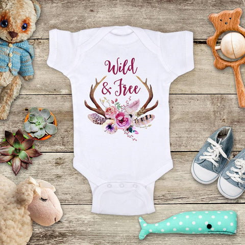 Wild & Free flower deer horn hipster boho design baby onesie bodysuit Infant Toddler Shirt Hello Handmade design baby birth pregnancy announcement
